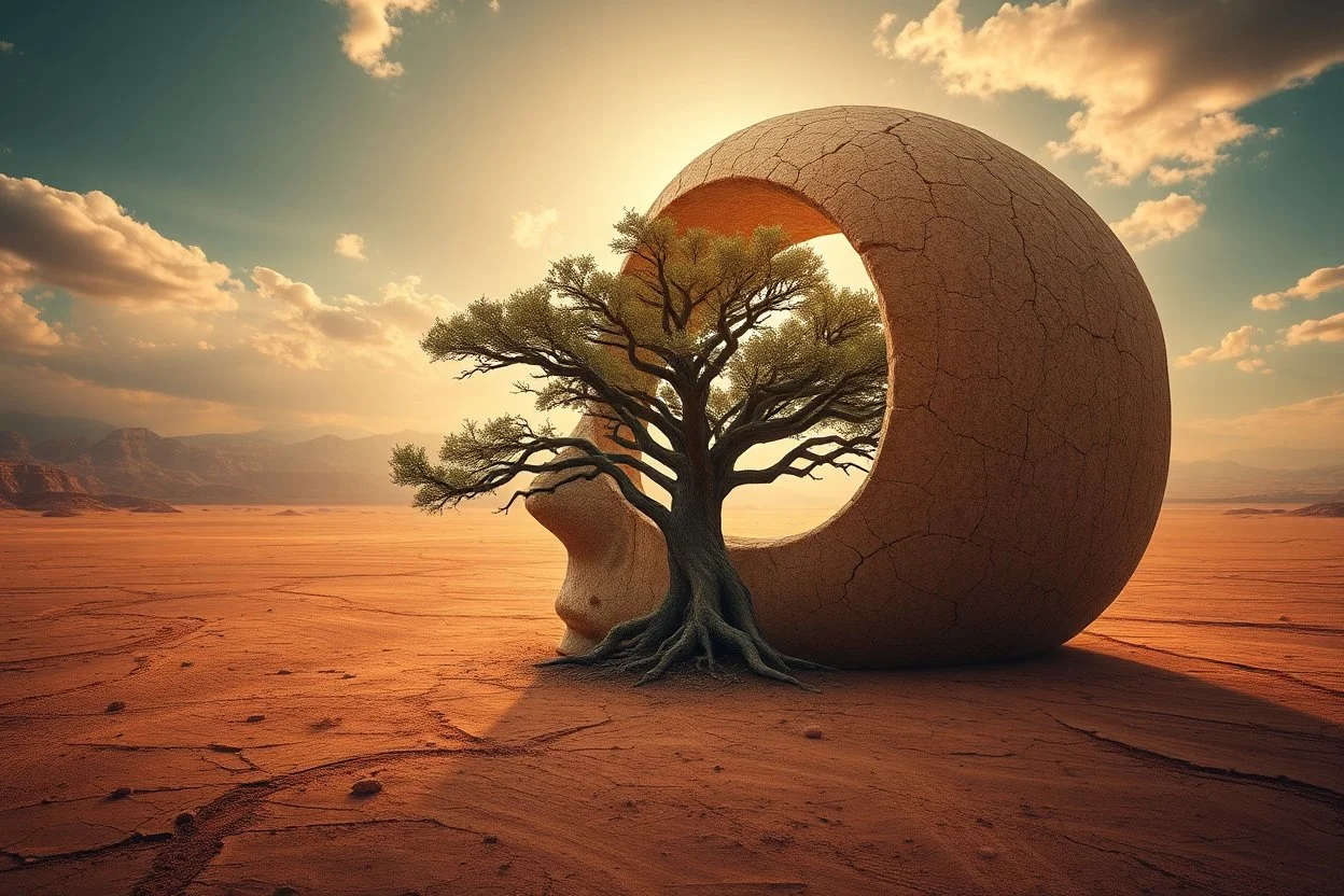 create a surreal image of a giant human head fused with the earth, surface made of dry cracked clay. A large tree grows through the hollow of the face, its branches spreading outward. The desert floor is ancient and textured, sky glows with soft sunlight and clouds. Poetic, mystical tone, ultra-detailed visual storytelling --v 7 --style raw --ar 3:4