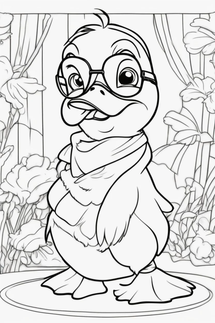 Outline art for cute coloring pages with duck with glasses, full body, white background, sketch style, only use outline, clean line art, no shadows and clear and well outlined.