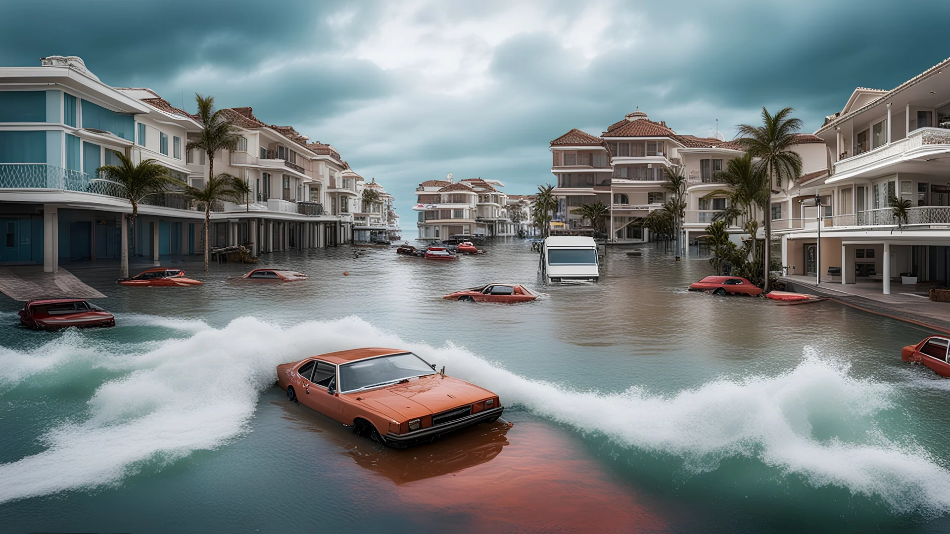 Climate emergency, coastal promenade flooded, sea level rise, danger, disaster, realistic award-winning photograph, detailed, credible, warning, catastrophe, vehicles submerged, buildings flooded, resort devastated, color photograph