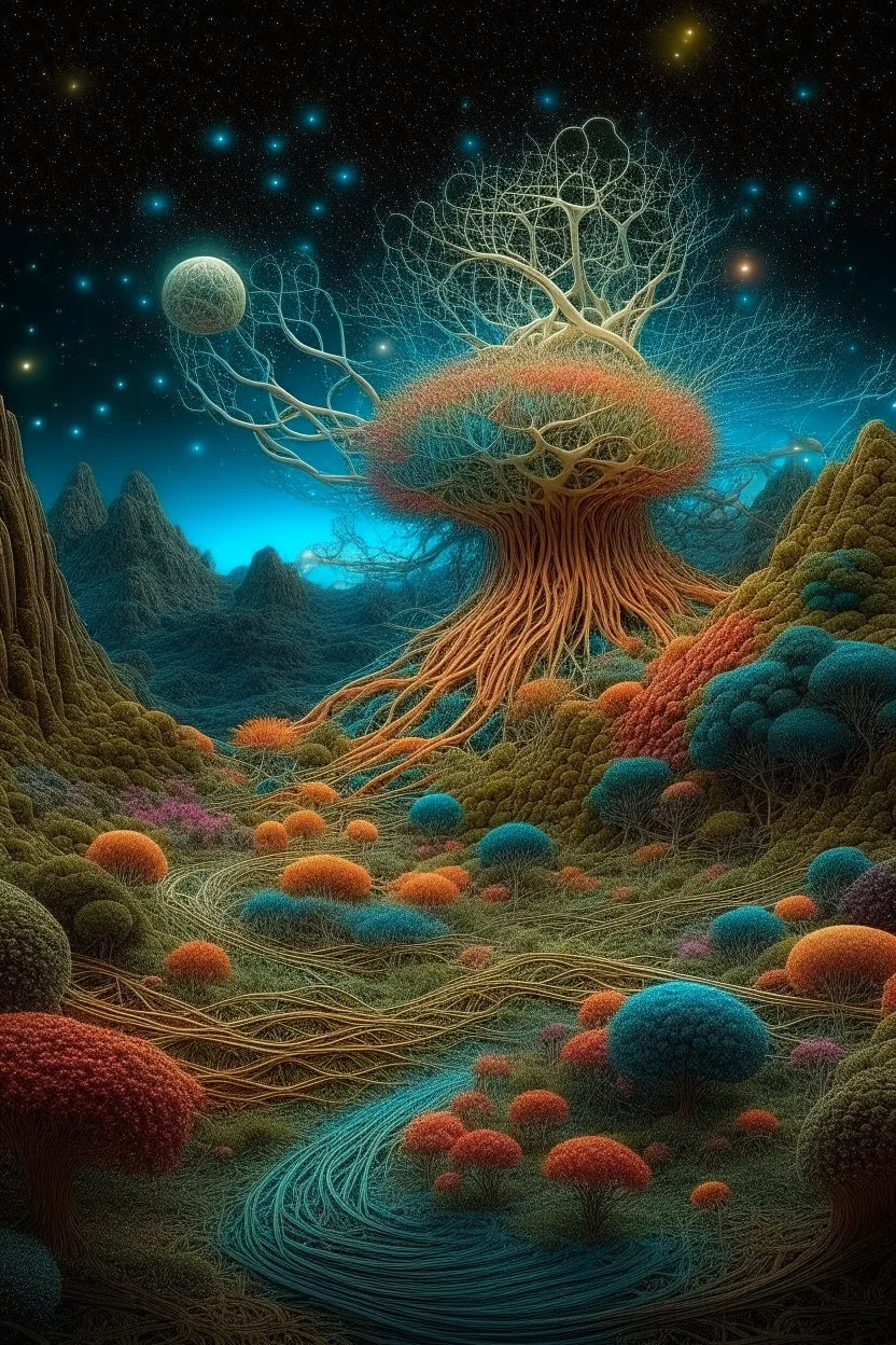 Fabulous composition, cosmic, hyperrealistic, microdetalization, surreal, drawing details, clear outline, color illustration, aesthetically pleasing, stardust, mystical landscape, curved trees, calendula, dark fantasy, monsters, multicolor, detailed, 3d, threads, fibers, bolto, mountains, fantastic pine neurons,ambient clarity,voluminous