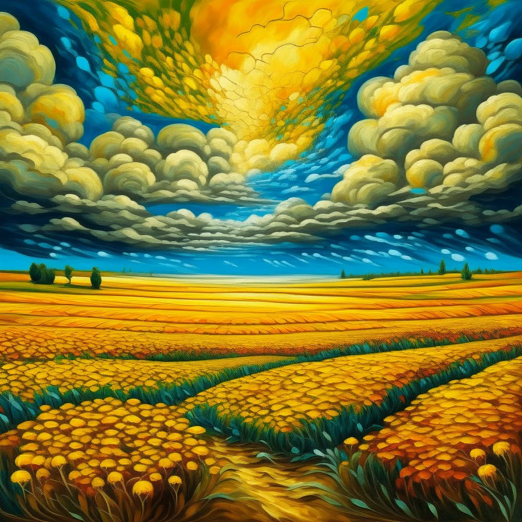 surreal fields of color, oil on canvas, endless warm fields full of golden yarrow under the sun, surreal thunder clouds --v 6.0 --style raw