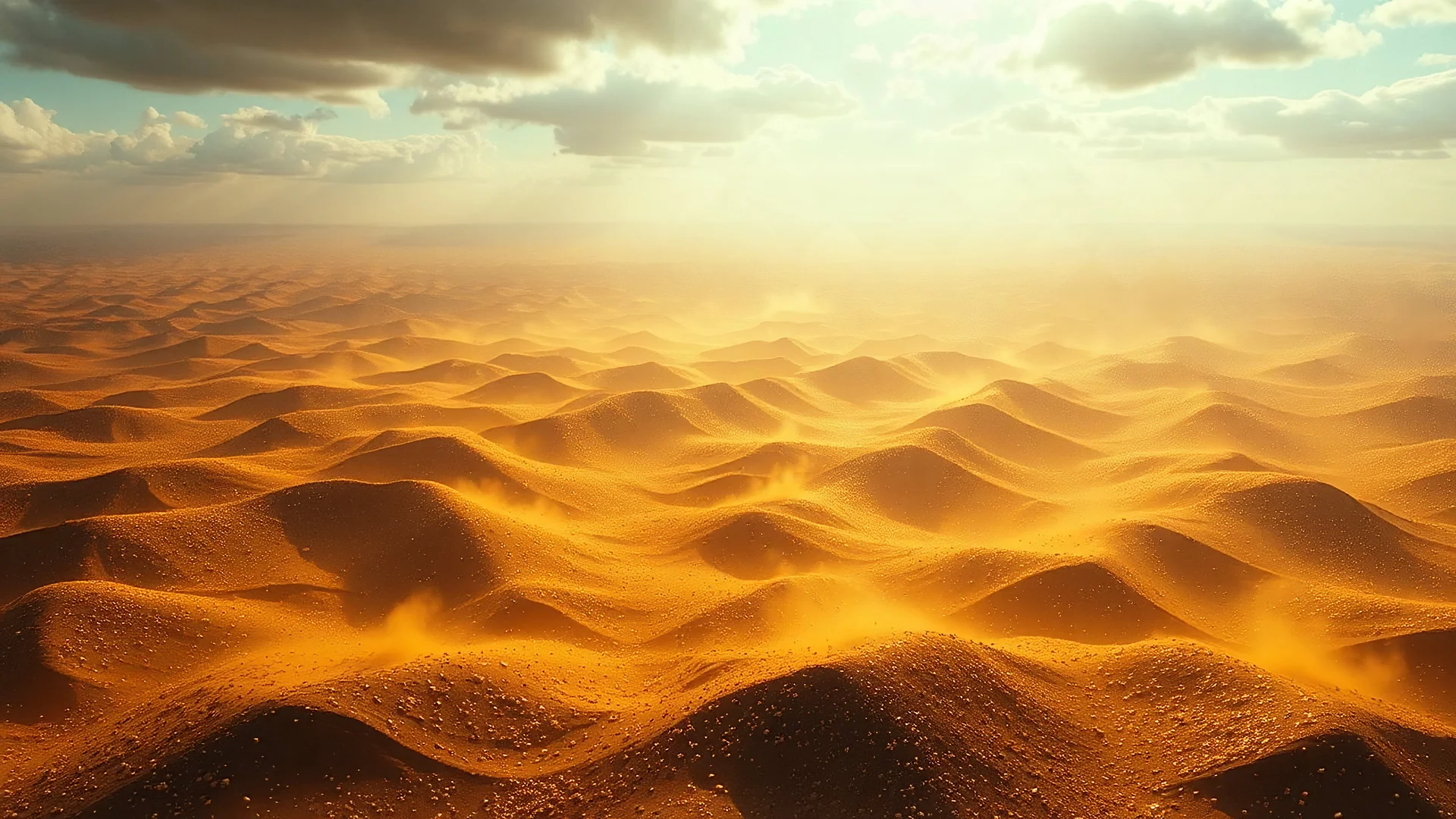 realistic photo, aerial view of a landscape covered in gold dust that looks futuristic with futuristic lighting, horizon