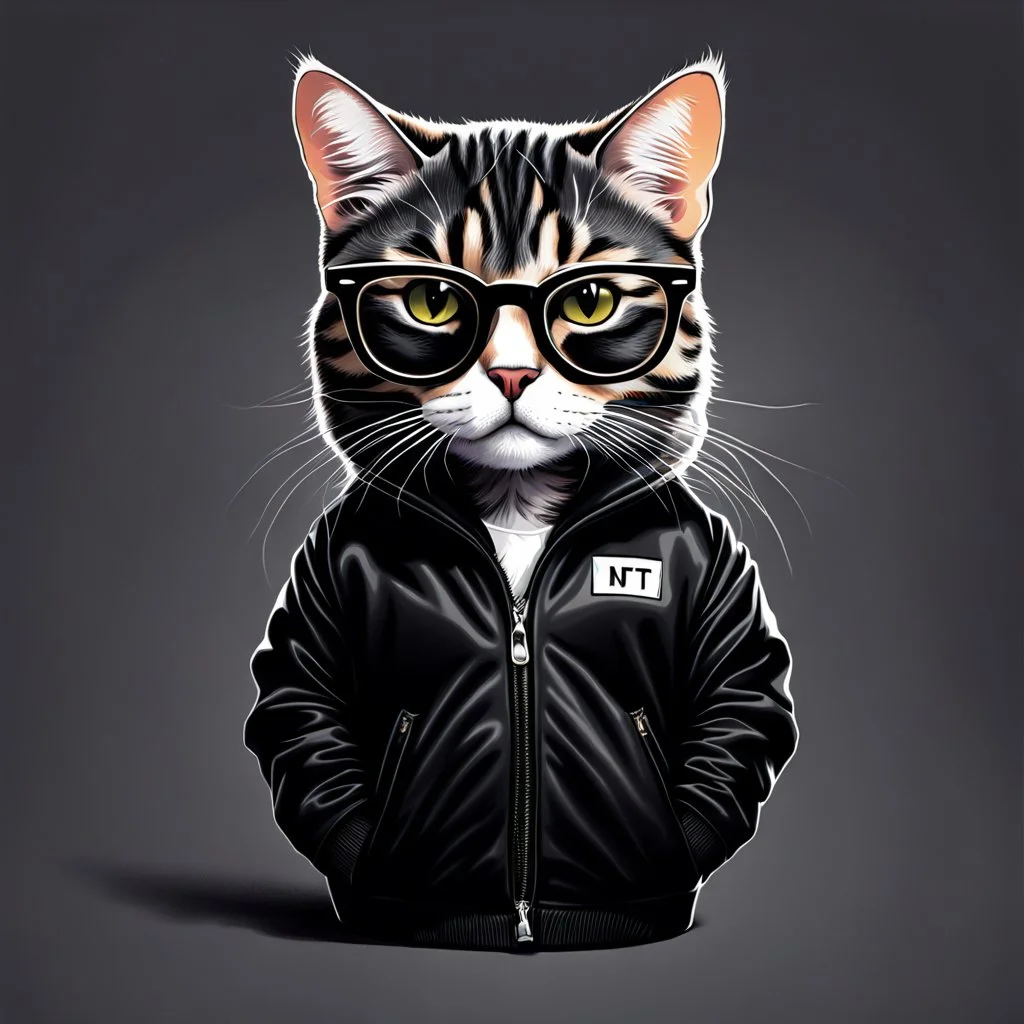 Drawing of a cat with black jacket and glasses NFT style