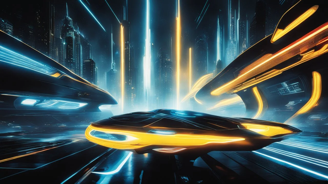 tron legacy movie, programs, space ships, city of the future, yellow, blue, red