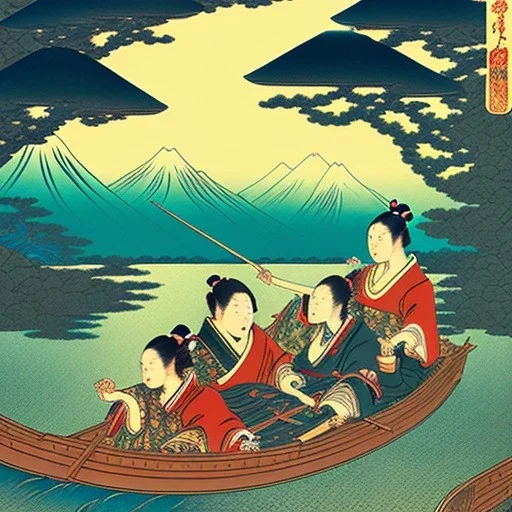 Ukiyo-e styled art, stream, mountain, sun, family on a boat