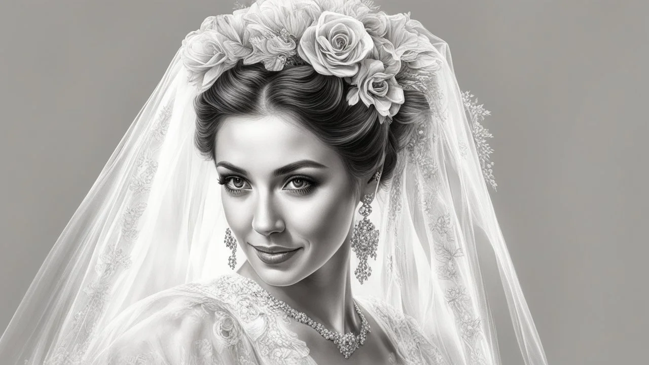 white background, bride, black and white pencil drawing, 3d, 64k, high resolution, high detail, computer graphics, hyperrealism, f/16, 1/300 sec. digital painting, double exposure,