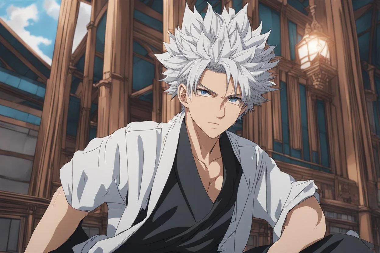 Gojo satoru in 8k anime drawing style, cinematic mood, close picture, white hair, crystal blue eyes, jujutsu kaisen them, highly detailed, high details, detailed portrait, masterpiece, ultra detailed, ultra quality