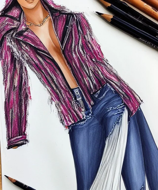 Fashion illustration, fashion drawing, Croquis, Hussein Suleiman, Jefferson Osei, Abderrahmane Trabsini, Fenty, mudcloth jacket, distressed jeans, flare leg, African American model