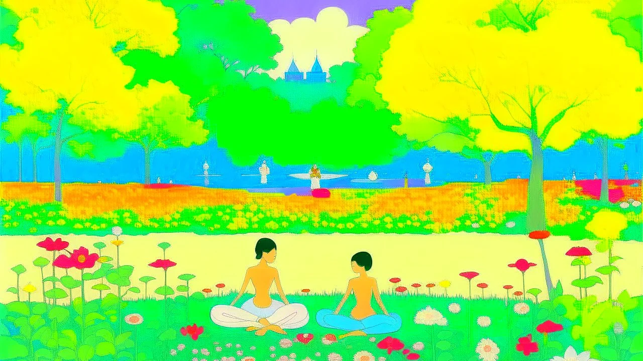 An illustration by Miyazaki and Monet of yogis practicing surrounded by blooming flowers and lush vegetation.