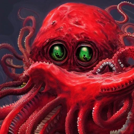 red, tentacles, eyes, teeth, monster, horror, blood, huge, scary, hyperrealism, gore, masterpiece, expert, volumetric lighting