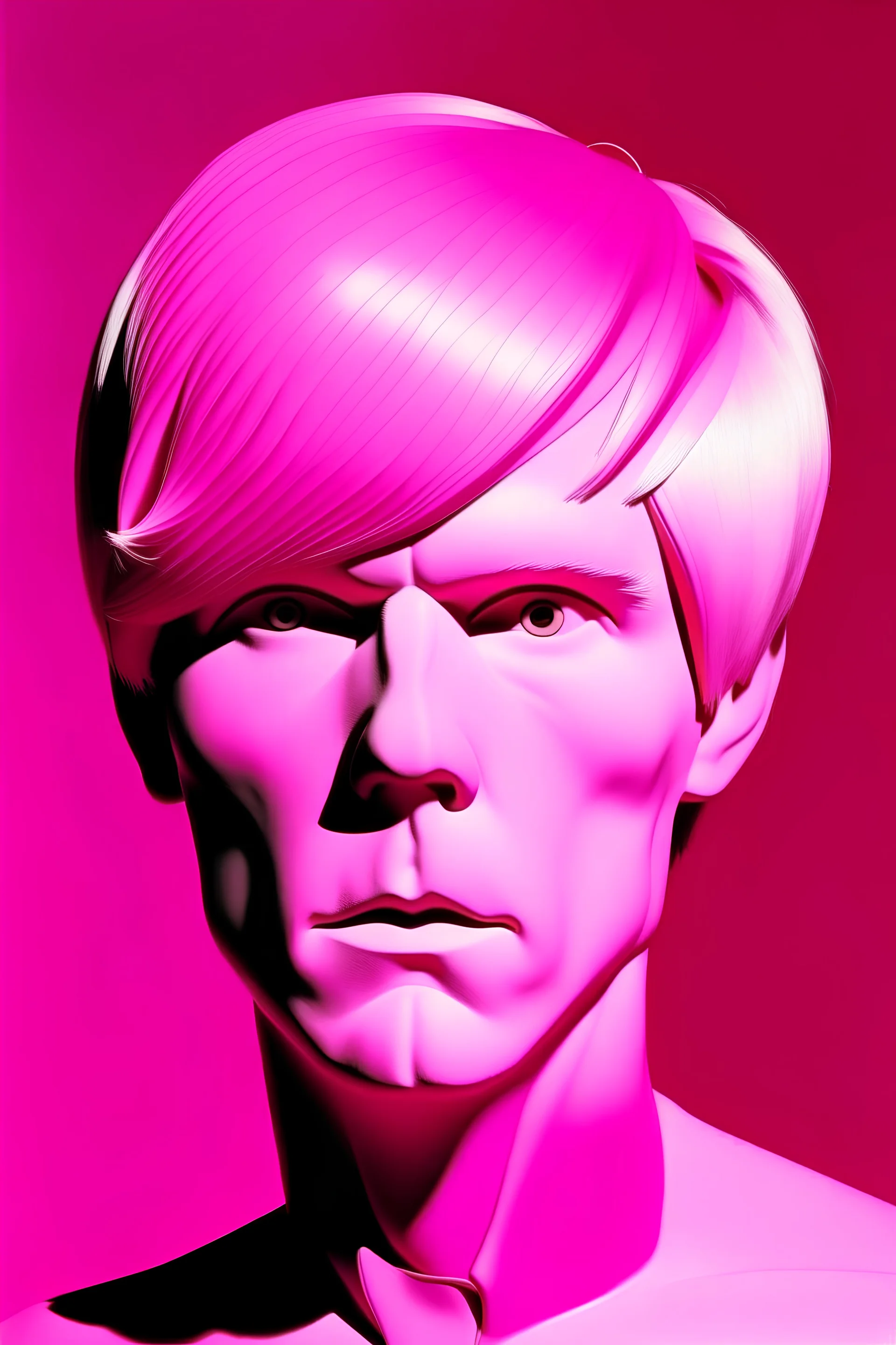 Full rubber white Andy Warhol face with rubber effect on a full pink short hair with ball rubber effect on a purple background