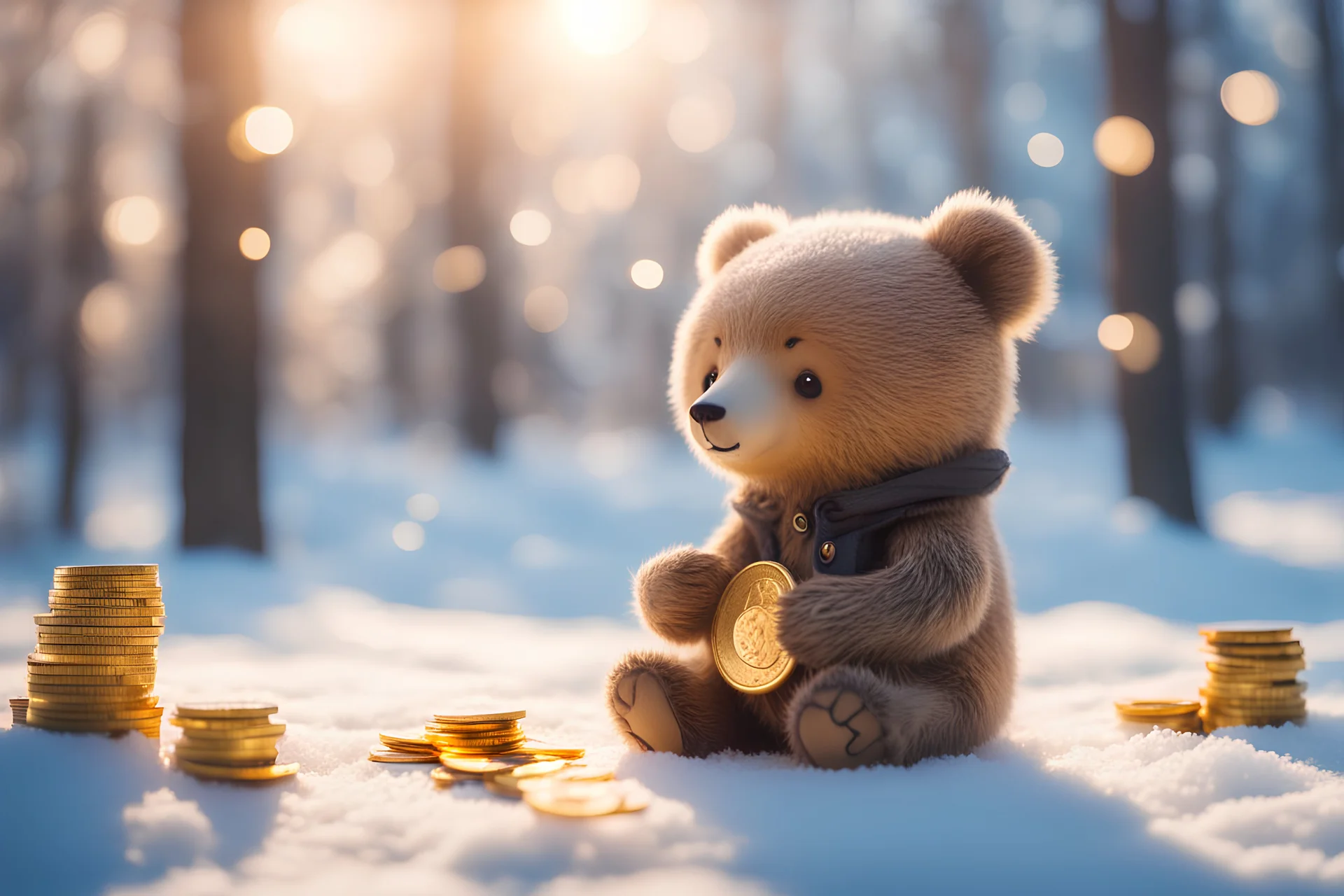 cute chibi bear sadly counting his money and golden coins in winter, snowy scene in sunshine, ethereal, cinematic postprocessing, bokeh, dof