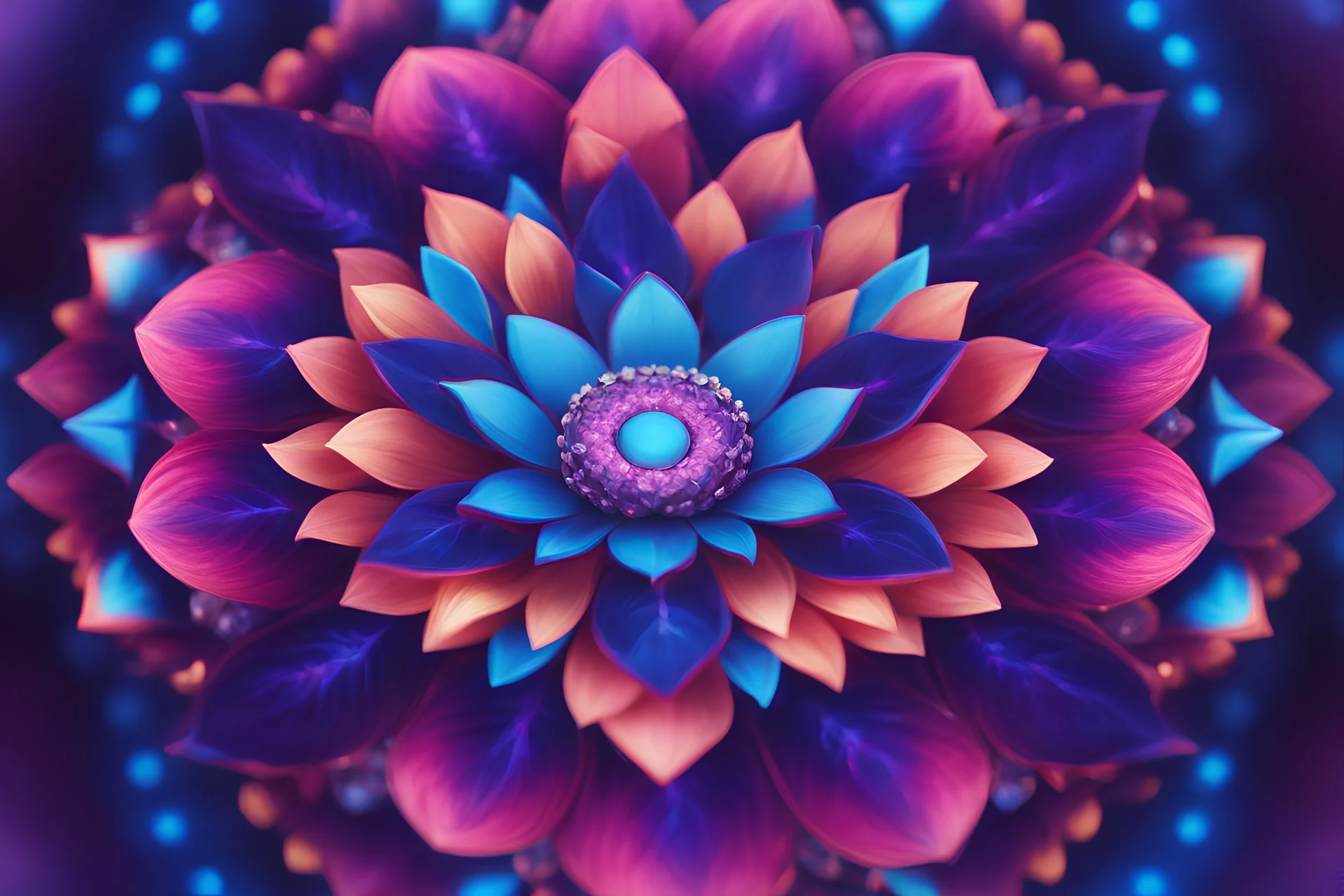 mandala bright blue purple pink, crystal center, light effect, lotus flowers, vaporwave colorful, concept art, smooth, extremely sharp detail, finely tuned detail, ultra high definition, 8 k, unreal engine 5, ultra sharp focus
