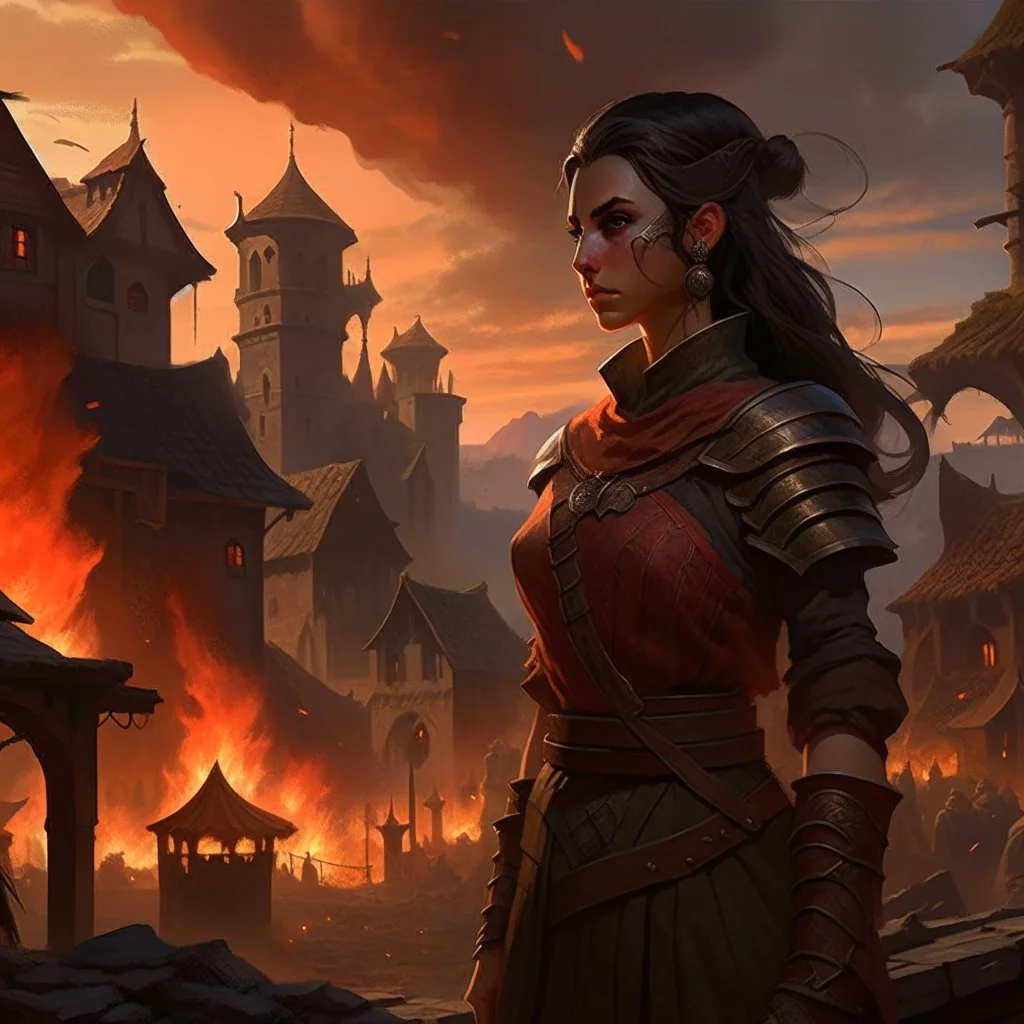 a beautiful dark haired tiefling woman, dressed in a sleeveless battle outfit, watching the burning ruins of a medieval town