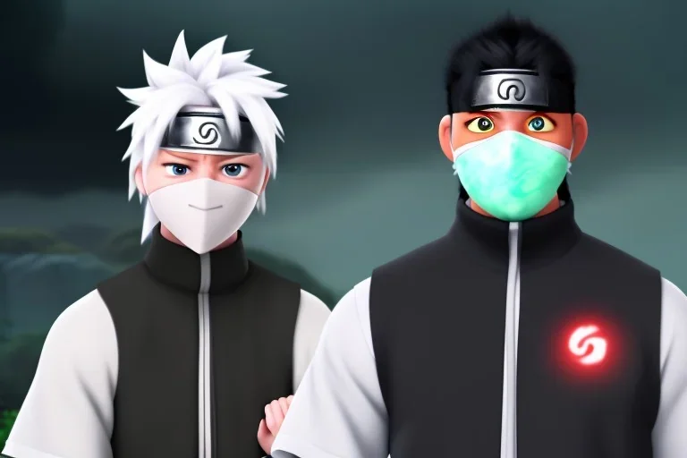 Kakashi Hatake, Shinobi, jonin, white tall hair, black face mask, black naruto leaf ninja headband, Left eye red, Green military-style vest, white hair, naruto shippuden