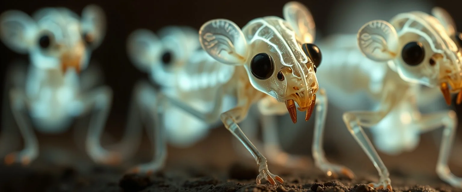 close up on glowing transparent ant skeleton rat babies, raised by ninja necromancer in the wild