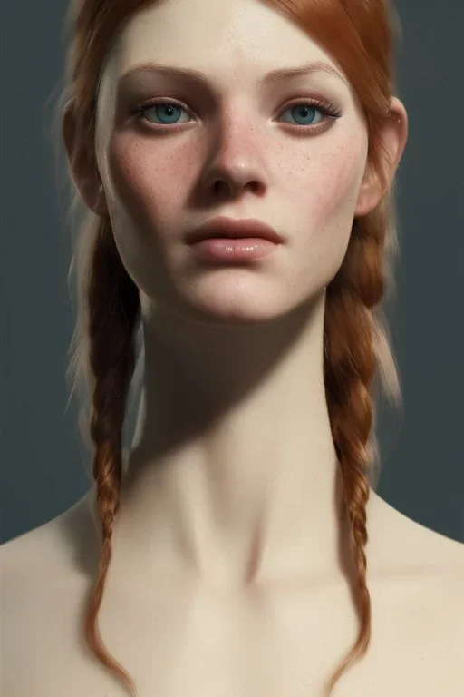 Woman, body 190cm, orange hair, two braids, bangs, rossi eyes, big eyes, freckles, long eyelashes, Frozen, 8k resolution concept art by Greg Rutkowski