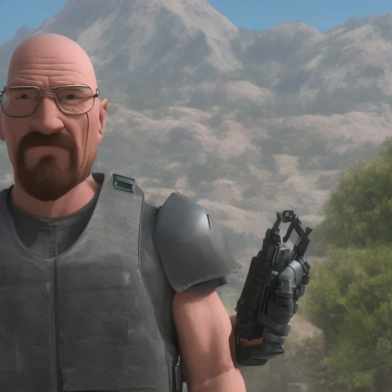 Walter White cyborg, 8k, tactical vest, helmet, gun.