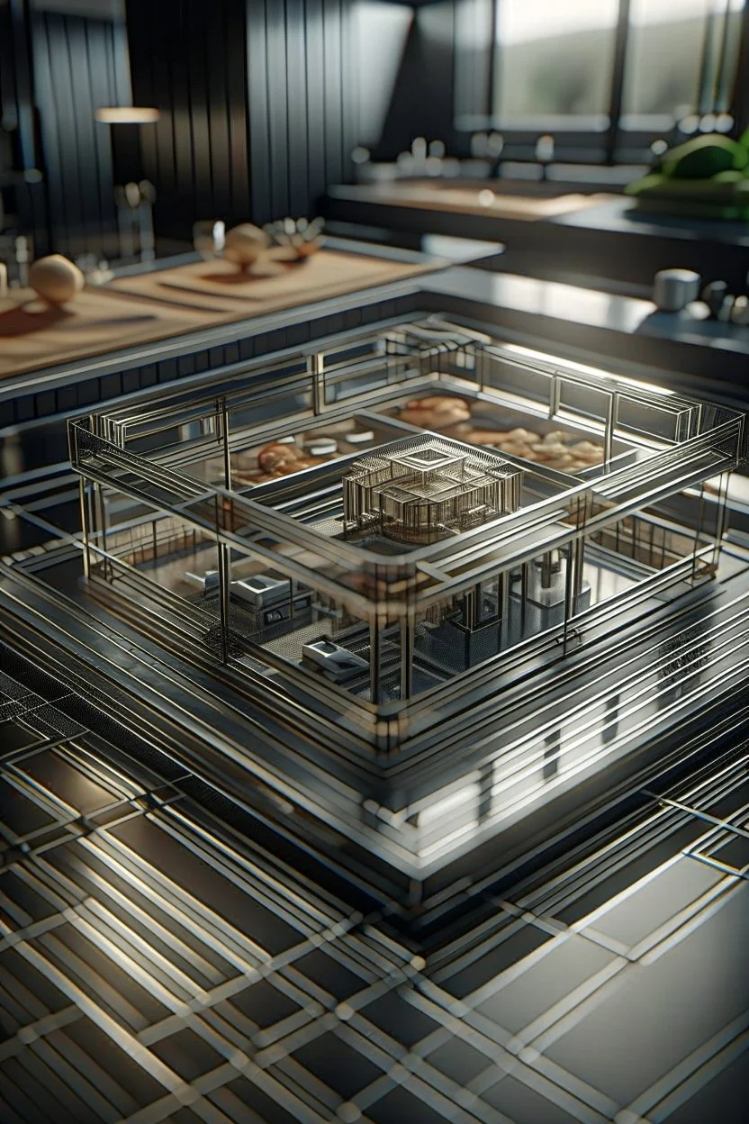 close up on isometric model on beautiful luxury kitchen table, glass walls and tunnels in isometric perspective, photo-realistic, shot on Hasselblad h6d-400c, zeiss prime lens, bokeh like f/0.8, tilt-shift lens 8k, high detail, smooth render, down-light, unreal engine 5, cinema 4d, HDR