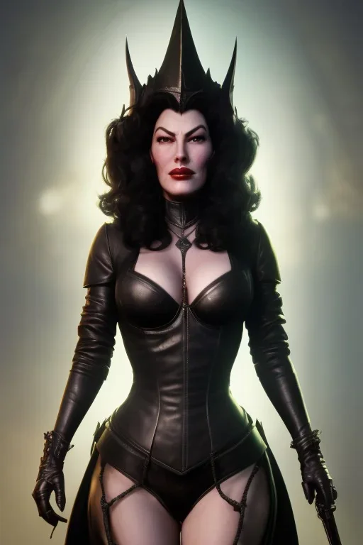 Ava Gardner as evil queen in black leather, busty, cleavage, curvy, angry, stern look. character design by cory loftis, fenghua zhong, ryohei hase, ismail inceoglu and ruan jia. unreal engine 5, artistic lighting, highly detailed, photorealistic, fantasy