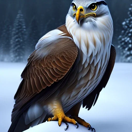 portrait of a bird of prey, feathers, extremely sharp detail, finely tuned detail, ultra high definition, 8k resolution, dynamic lighting, unreal engine 5, ultra sharp focus, mountains, winter landscape, background trees