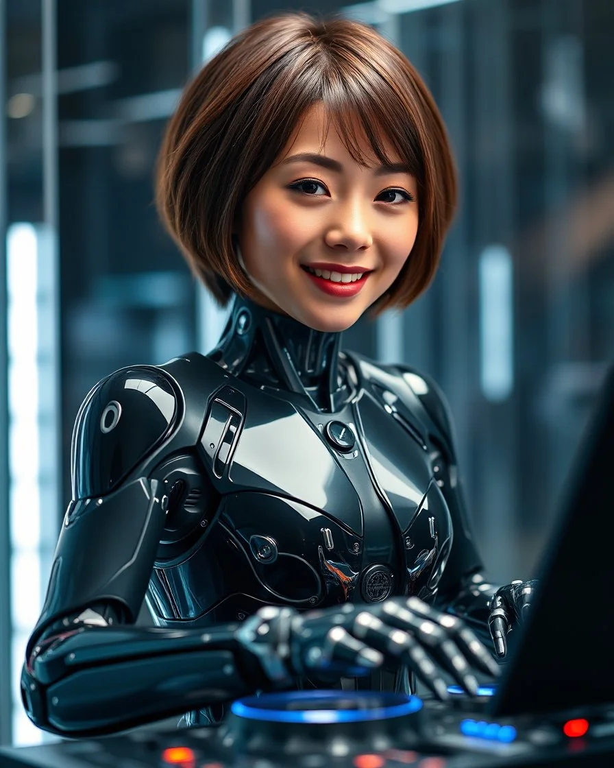 full body all to feet Beautiful sweet smile,pretty Female brown short hair style She Hybrid robotic Dj chasing clear surfaces it from transparency super clear glass explore inside machine components, advance design futuristic sci fi picture,find details,Sony Alpha 7 50mm 1.8,medium shot, high-resolution image with fine details,ultra detailed,ultra realistic,extremely realistic,intricate,photorealistic,epic composition