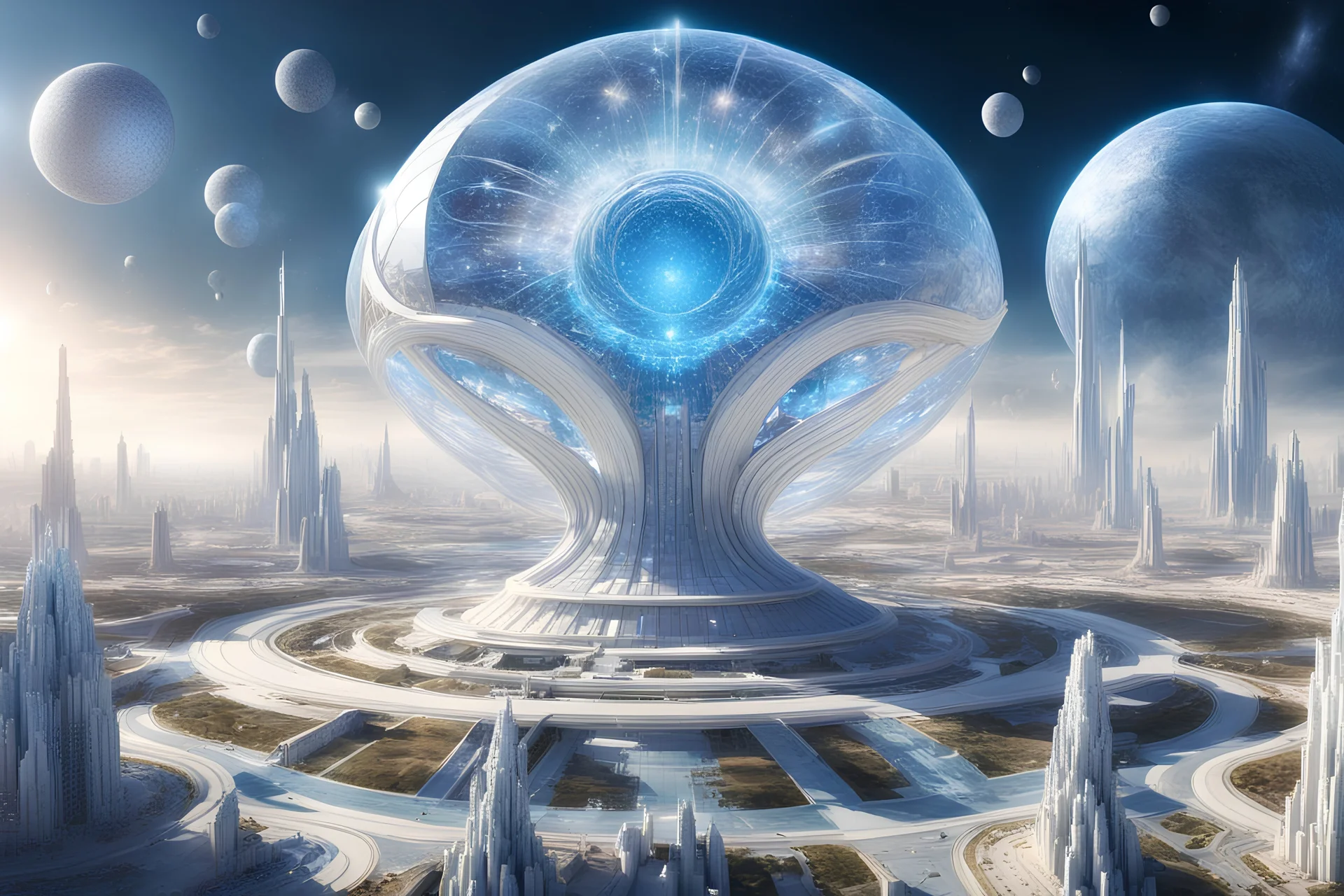 confederation of unified worlds, field of pure crystalline permanence,great hight spirale cosmic city extraterrestre white futuriste, great and blue facette cristal dome, vaisseaux spatiaux, 4k, hyperréaliste, cosmic srars sky, great civilisation, beautifull, pure spiritual inspiration of unity,