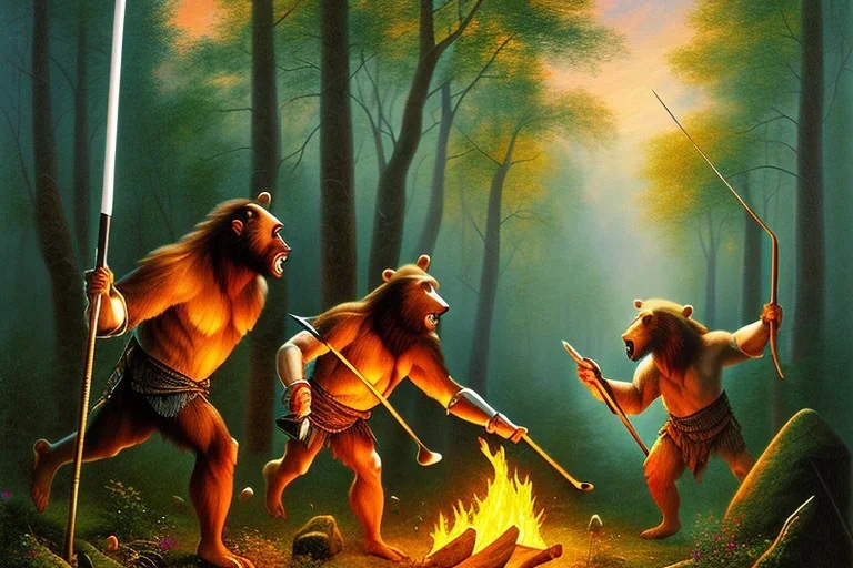 neanderthal holding a club, cave, bear, campfire, stone age, Impressionism, canvas, masterpiece, award-winning, mellow, dawn,