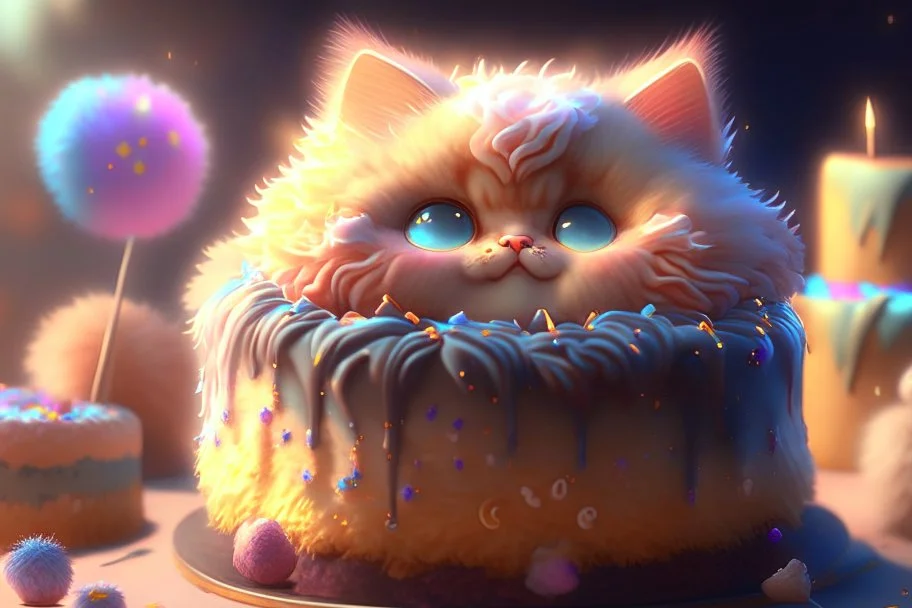 cute fluffy chibi cat birthday cake in sunshine Weight:1 detailed matte painting, deep color, fantastical, intricate detail, splash screen, complementary colors, fantasy concept art, 8k resolution trending on Artstation Unreal Engine 5 Weight:0.9