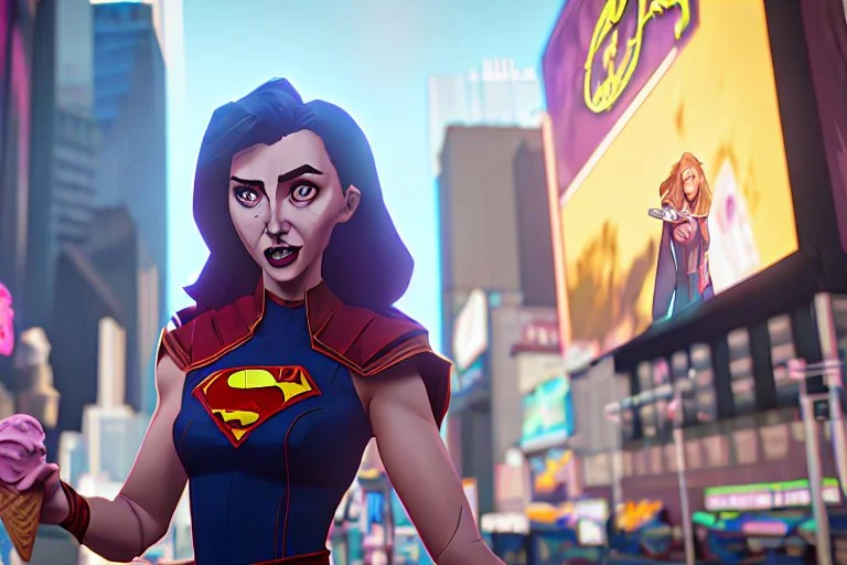 Supergirl eating a big ice cream in Times Square