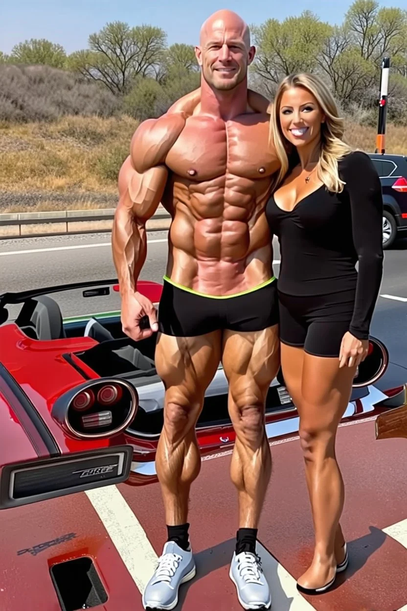 make a pic with bald bodybuilder Knut Spildrejorde from Norway and his fitness wife Jeanette, they are standing front of his new red car Chevrolet Camaro, very busy highway in sunny Texas in the background