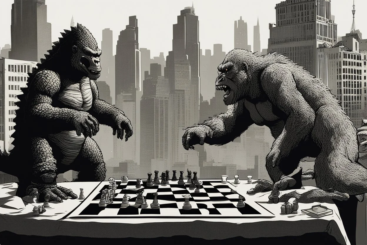 a Godzilla and king kong playing a game of chess