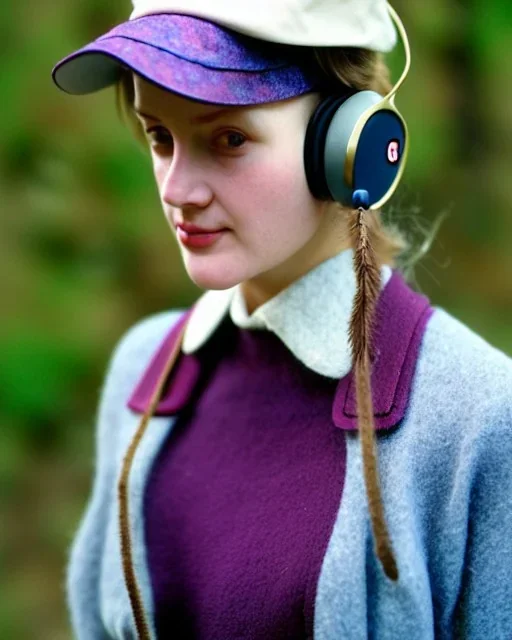 Everything she wear is in the image. of young woman, plum-blue-magenta-camouflage. She wears mantel and simple blouse.Felt cloth visor with tippet. SMALL FELT CAP is merged to Old AKG headphones with recognizable Golden rings! cloth materials are denim and felt cloth mixed. Fashion 1990's. Colors: Cream white, zinc plate, red ochre, ochre, orange - all mixed. Thick tights. Thick calves. She is in figure from top to toe.