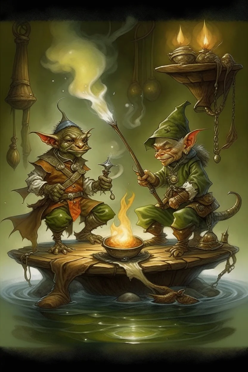 a dwarf and a goblin are fishing and greedily eating fish cooked over a small bonfire. Behind the two stands the shadow of what appears to be an aristocratic hunter in a silver silk suit complete with waistcoat, tie, tall hat and silk gloves. His shiny leather boots with brass buckles. he has raised behind him a thin silvery wooden stick on which leaves are still sprouting, and with which he intends to hit the two adventurers Beneath the realistic fox mask, which falls across his chest, his face