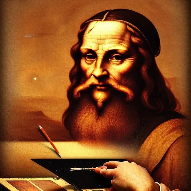 leonardo da vinci with computer. creating in photoshop. hyperdetailed, warm colors, movie poster, photoillustration, oil on canvas, lens flare