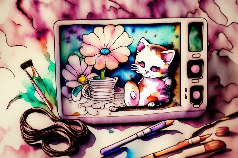 melting watercolor and black ink outlines on wet paper, shading colors, soft stokes, browned, faded, last century style photograph with knitted and embroidered cute chibi anime kitten watching tv in an elegant room, flowers, in sunshine, edges of image appear burnt, ethereal, cinematic postprocessing, bokeh, dof