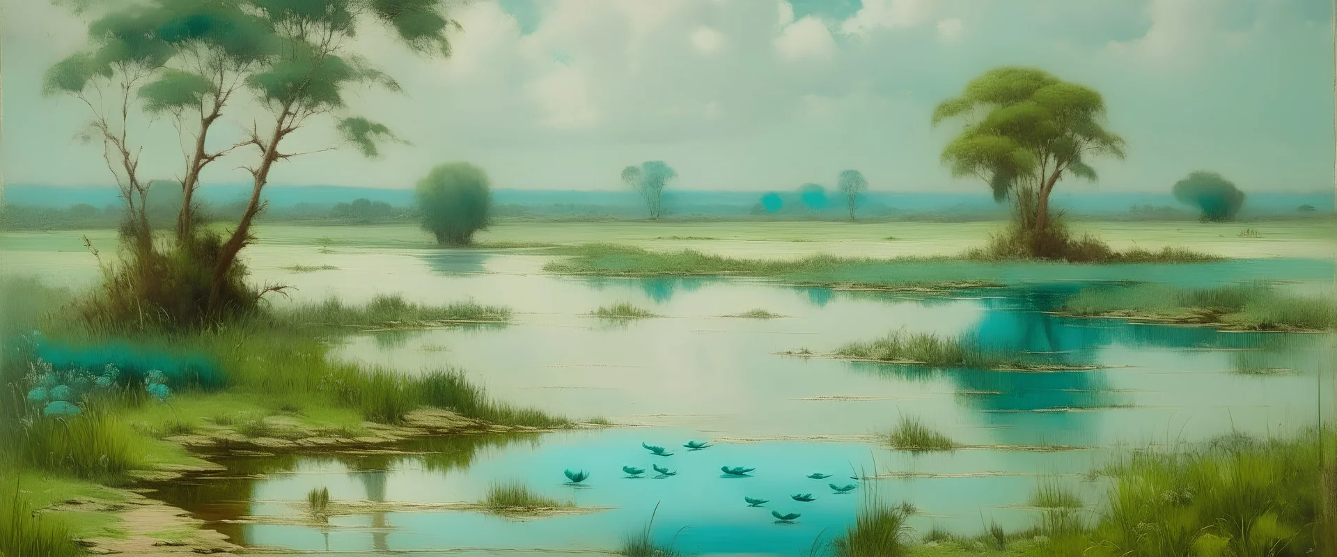 A teal serene wetlands painted by Henry-Robert Brésil