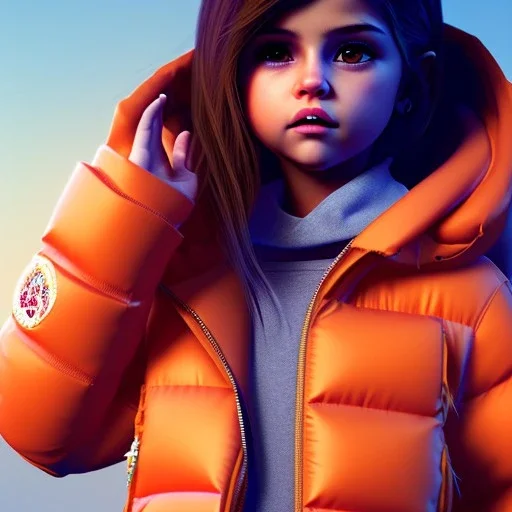 Selena Gomez toddler, full body, dramatic lighting orange puffer jacket, hyper realistic, unreal engine 5,