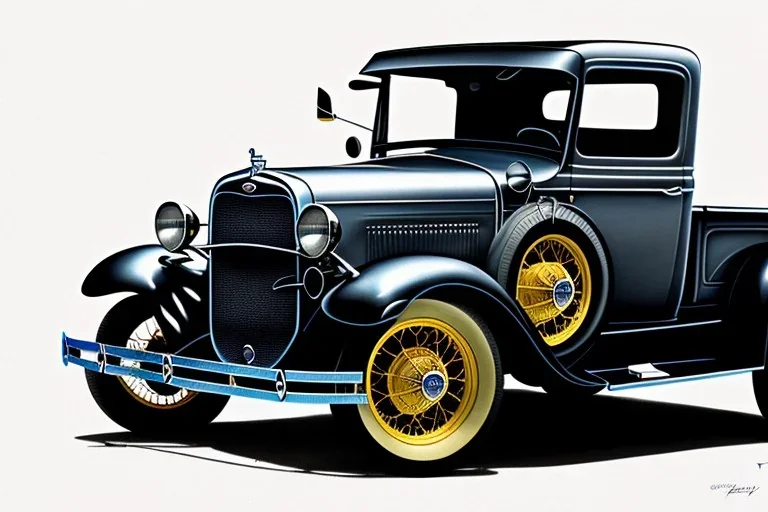 a true-to-life 1930 ford model a pickup, classic wheels, centered, intricate, extreme detailed, photorealism, center view, suburb background, pivot on ford, pen and color marker, painting by cheryl kelley