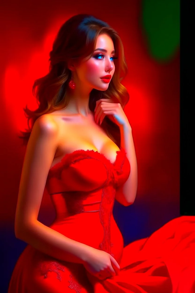 A stunning, seductive woman in a fiery red dress, casting a shy glance over her shoulder.