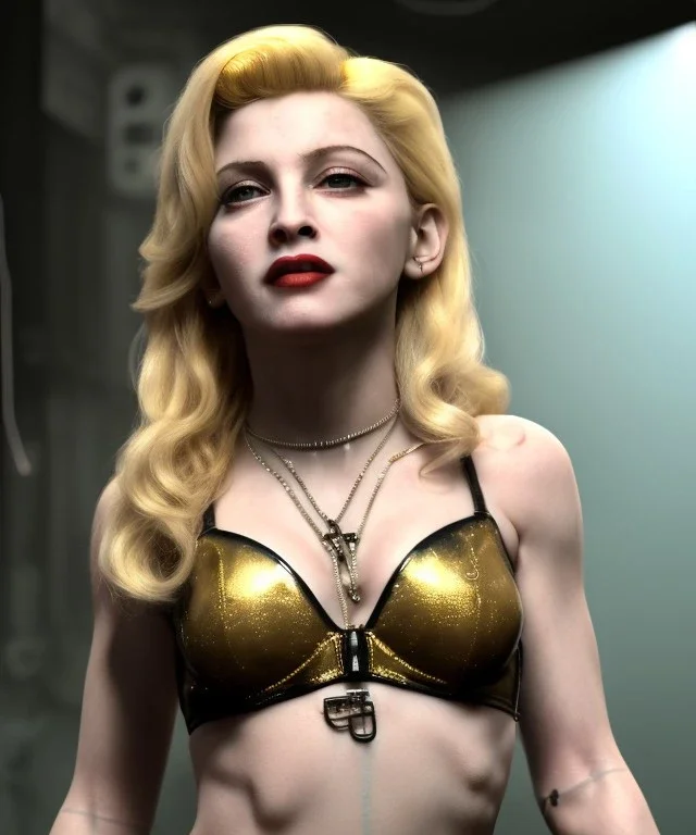 Young Madonna, blonde, long line eye, pretty cyber woman, Led lights, cold ambient, latex, cables, purpurin, black, gold, piercings, brown, circuits, neon style, fog, rain, vibrant color, highly detailed, art stations, concept art, smooth, unreal engine 5, god rays, ray tracing, RTX, lumen lighting, ultra detail, volumetric lighting, 3d, finely drawn, high definition, high resolution.