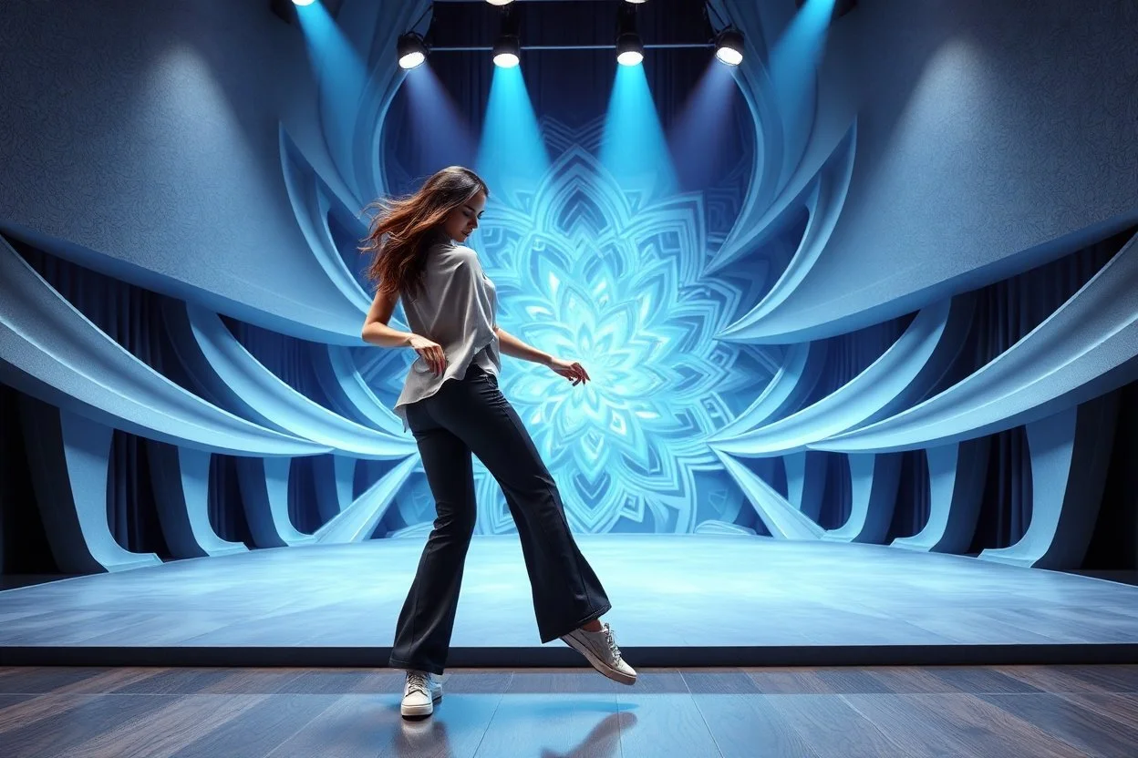 modern stage with gray-blue theme artistic decoration , color full dynamic lighting, a beautiful lady in pants and blouse with shining silver jewels sport shoes dancing, 3D recursive fractal structure animating background