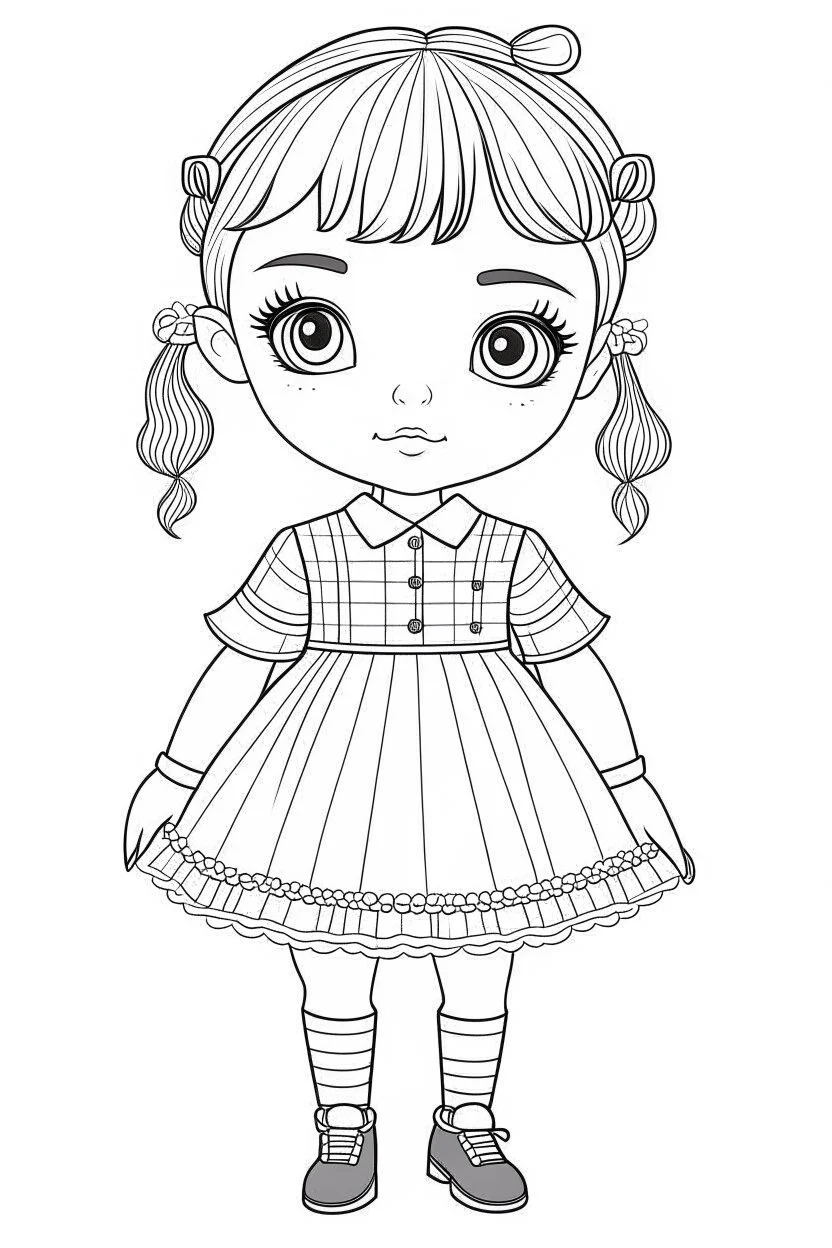 coloring page, cute realistic little doll, full view, coloring page, only draw lines, coloring book, clean line art, –no sketch, color, –ar 3:4, white background, minimalistic black lines, minimal black color, low level black colors, coloring page, avoid thick black colors, thin black line art, avoid colors, perfect shape, perfect clear lines,