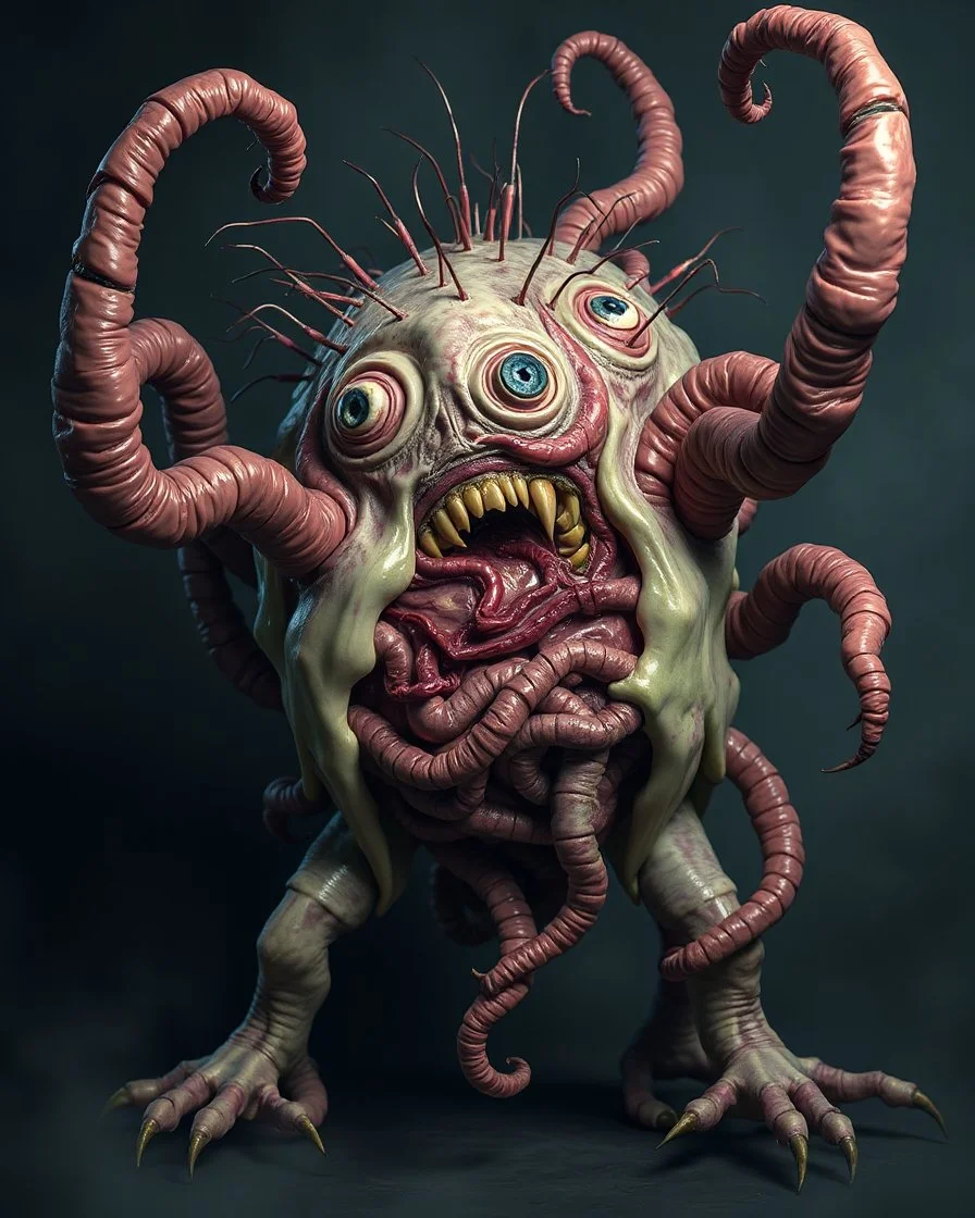 A horrific disgusting intestines and guts horror monster blob with eyeballs, teeth, needles, stingers, toxic slime, consuming a human with mutated deformed body many limbs, poisonous mutant creature, flesh, bones, anatomical structures