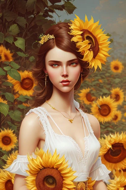 a painting of sunflowers in, ilya kuvshinov, greg rutkowski, ross tran, artgerm, wlop glossy skin, intricate detail, art deco, pearlescent, very coherent, cute