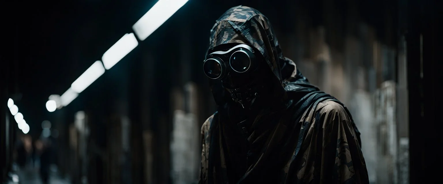 Whispers in the dark alleys of the surviving cities speak of Kai Virtuoso - the ghost in the machine. Draped in garments seamlessly integrated with camouflage tech, and goggles perpetually projecting data streams before his eyes, imperfection, natural lighting, cinematic, Fuji Film, Anamorphic lens, 2040s