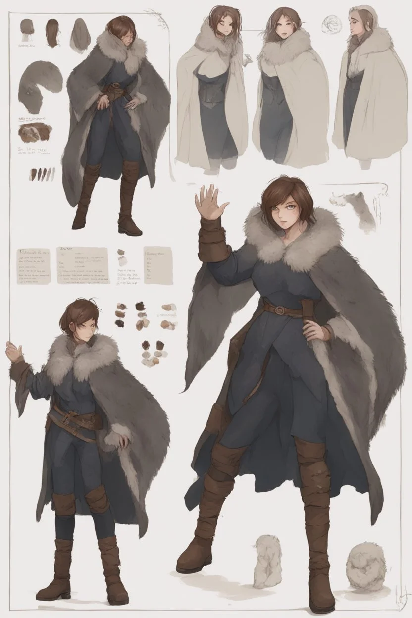 A dnd character sheet. A woman dressed for the cold north dressed in dark furs, with brown hair