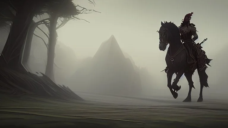 warrior sorcerer leading a black horse on forest path