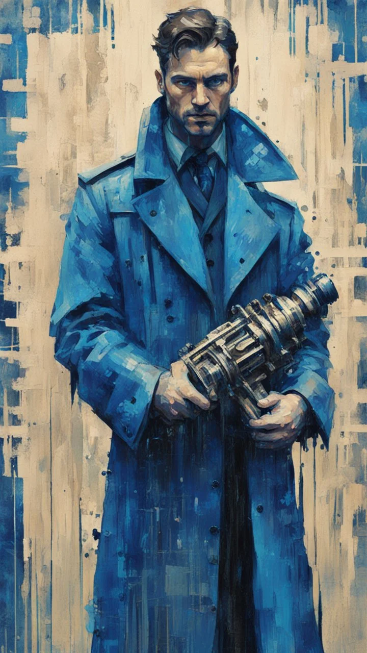 a photo and/or painting of a man in a trench coat holding a camshaft in hands, artgram, cobalt blue, cyan, beige and grey color scheme, reduce character duplication, epic, detailed color scan, glitch pattern visual noise, tint leak