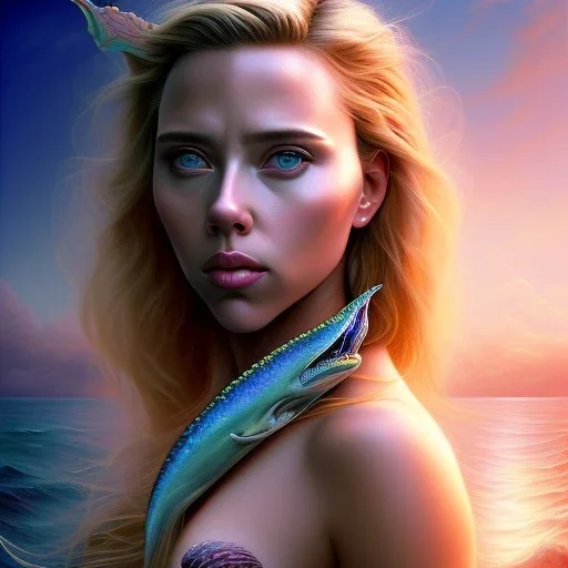 A beautiful portrait of a fusion of Scarlett Johansson and Reese Witherspoon as a mermaid , leaning on a ships deck ,Rough sea in the background, a shark,snails, seashells (digitall art by Eugene de Blaas and Ross Tran, vibrant color scheme, highly detailed, in the style of romanticism, cinematic, artstation best quality, realistic lighting, masterpiece portrait, details light dusting , cowboy shot from above, simple chain hauberk Vector art digital illustration 3D shading )